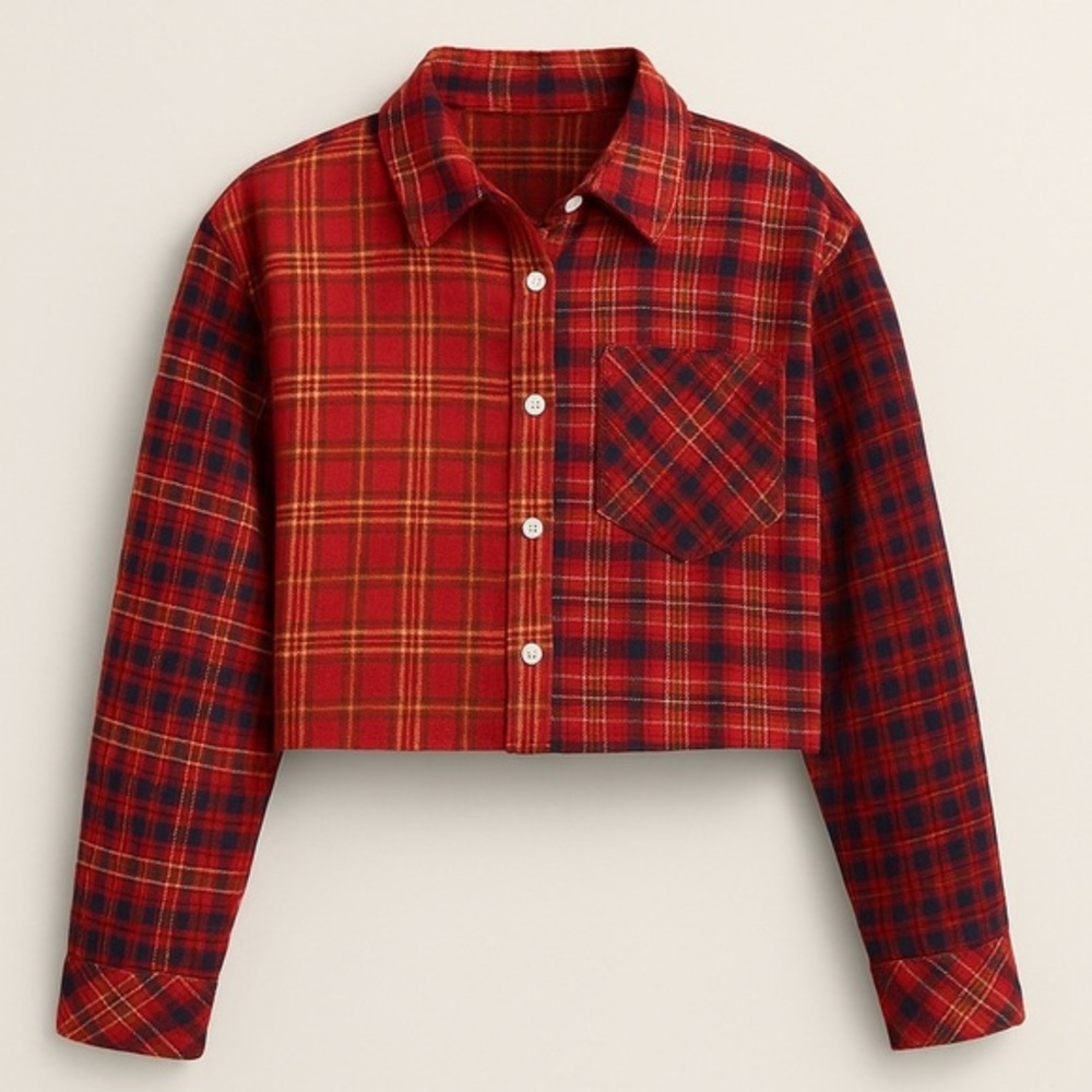 Arizona Jeans Co Red Plaid Cropped Flannel Button Front Top Cozy NWT XXL #1244